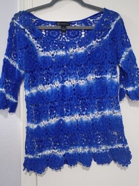 INC International Concepts Blue & White Crochet/Festive/Boho Lace Tunic Size M